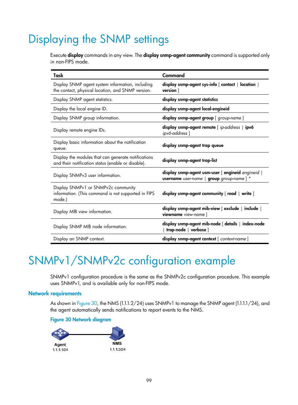 Displaying the snmp settings, Snmpv1/snmpv2c configuration example, Network requirements | H3C Technologies H3C S6300 Series Switches User Manual | Page 112 / 306