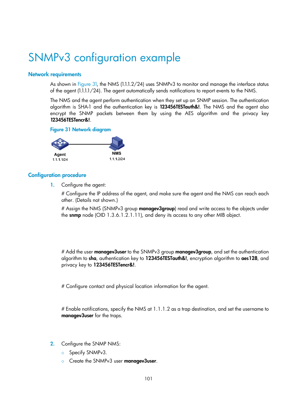 Snmpv3 configuration example, Network requirements, Configuration procedure | H3C Technologies H3C S6300 Series Switches User Manual | Page 114 / 306