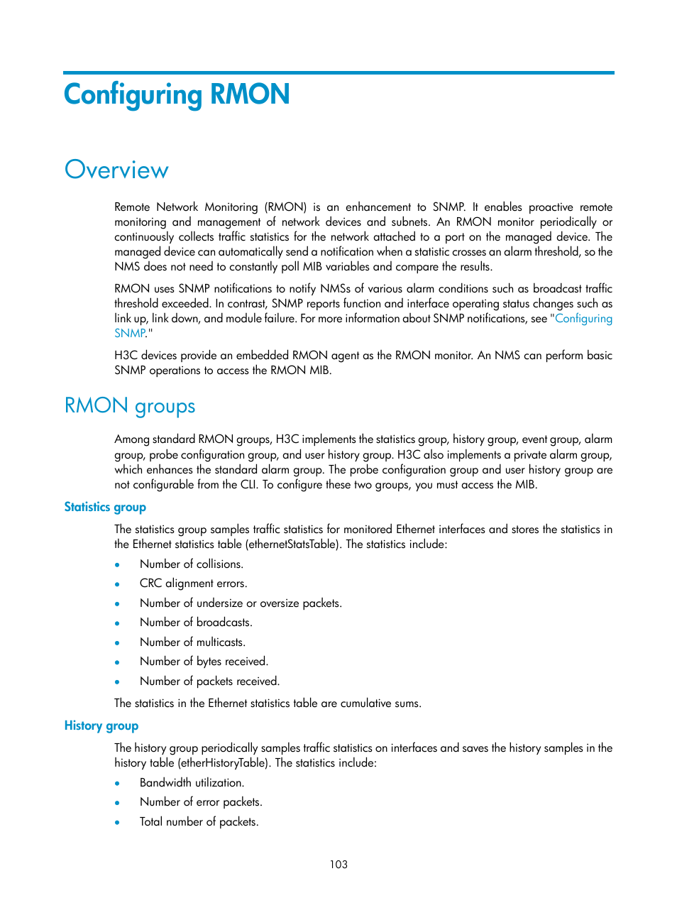 Configuring rmon, Overview, Rmon groups | Statistics group, History group | H3C Technologies H3C S6300 Series Switches User Manual | Page 116 / 306