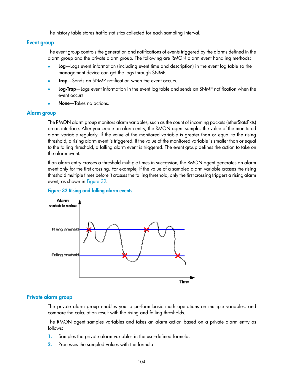 Event group, Alarm group, Private alarm group | H3C Technologies H3C S6300 Series Switches User Manual | Page 117 / 306