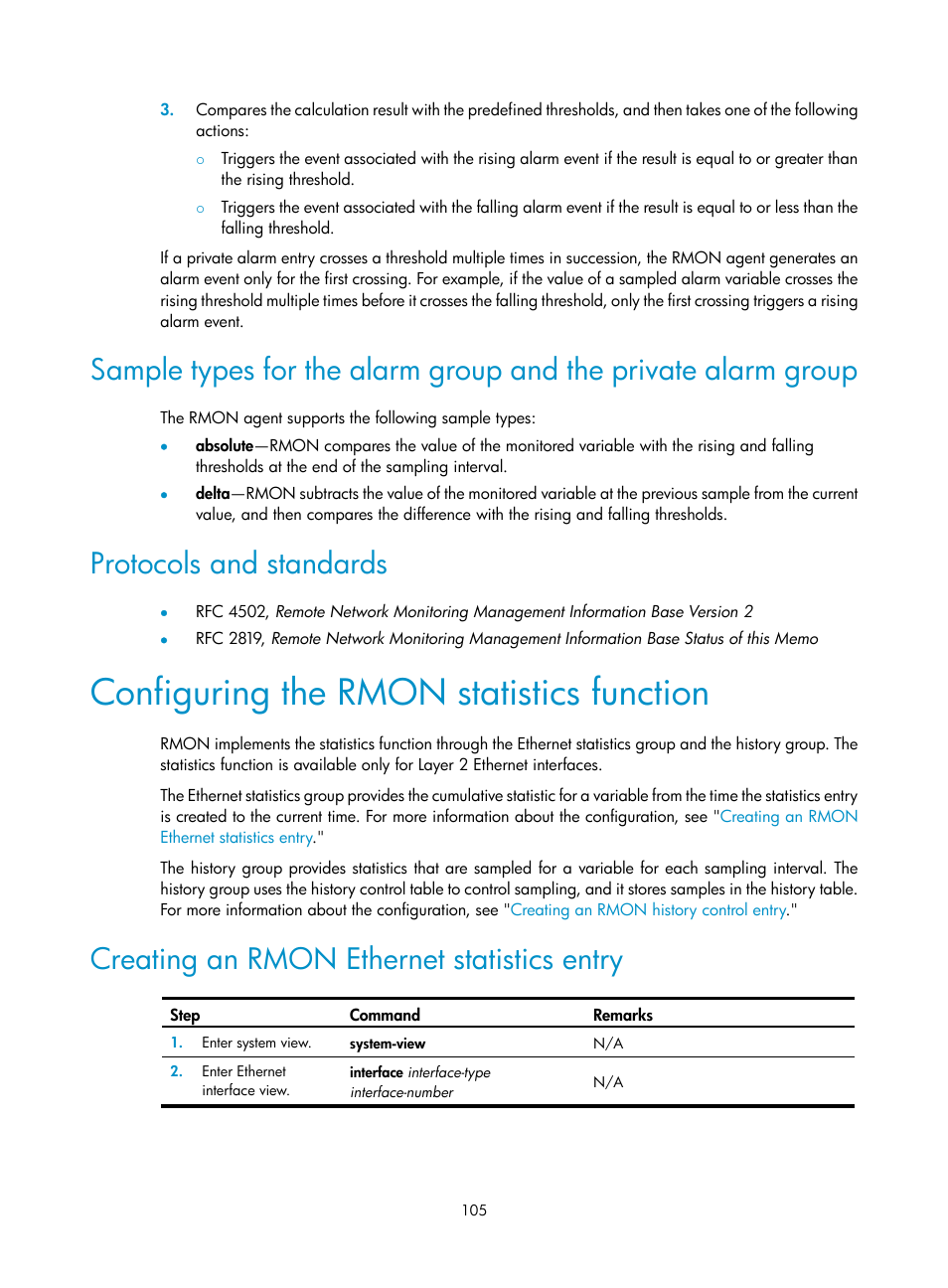 Protocols and standards, Configuring the rmon statistics function, Creating an rmon ethernet statistics entry | H3C Technologies H3C S6300 Series Switches User Manual | Page 118 / 306