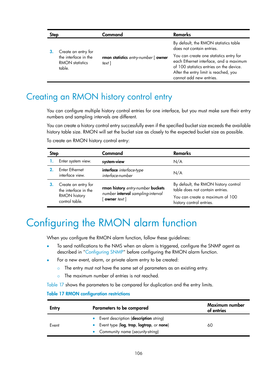 Creating an rmon history control entry, Configuring the rmon alarm function | H3C Technologies H3C S6300 Series Switches User Manual | Page 119 / 306