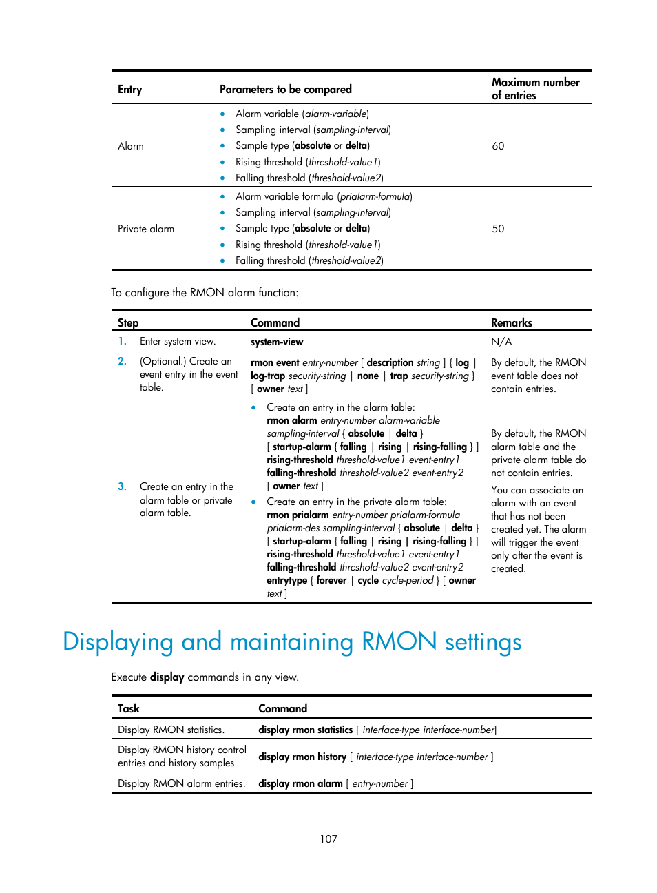 Displaying and maintaining rmon settings | H3C Technologies H3C S6300 Series Switches User Manual | Page 120 / 306