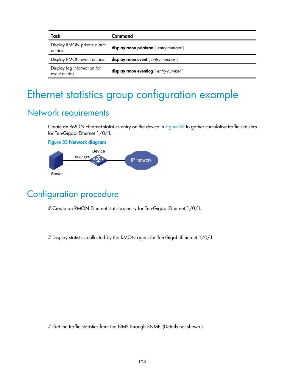 Ethernet statistics group configuration example, Network requirements, Configuration procedure | H3C Technologies H3C S6300 Series Switches User Manual | Page 121 / 306