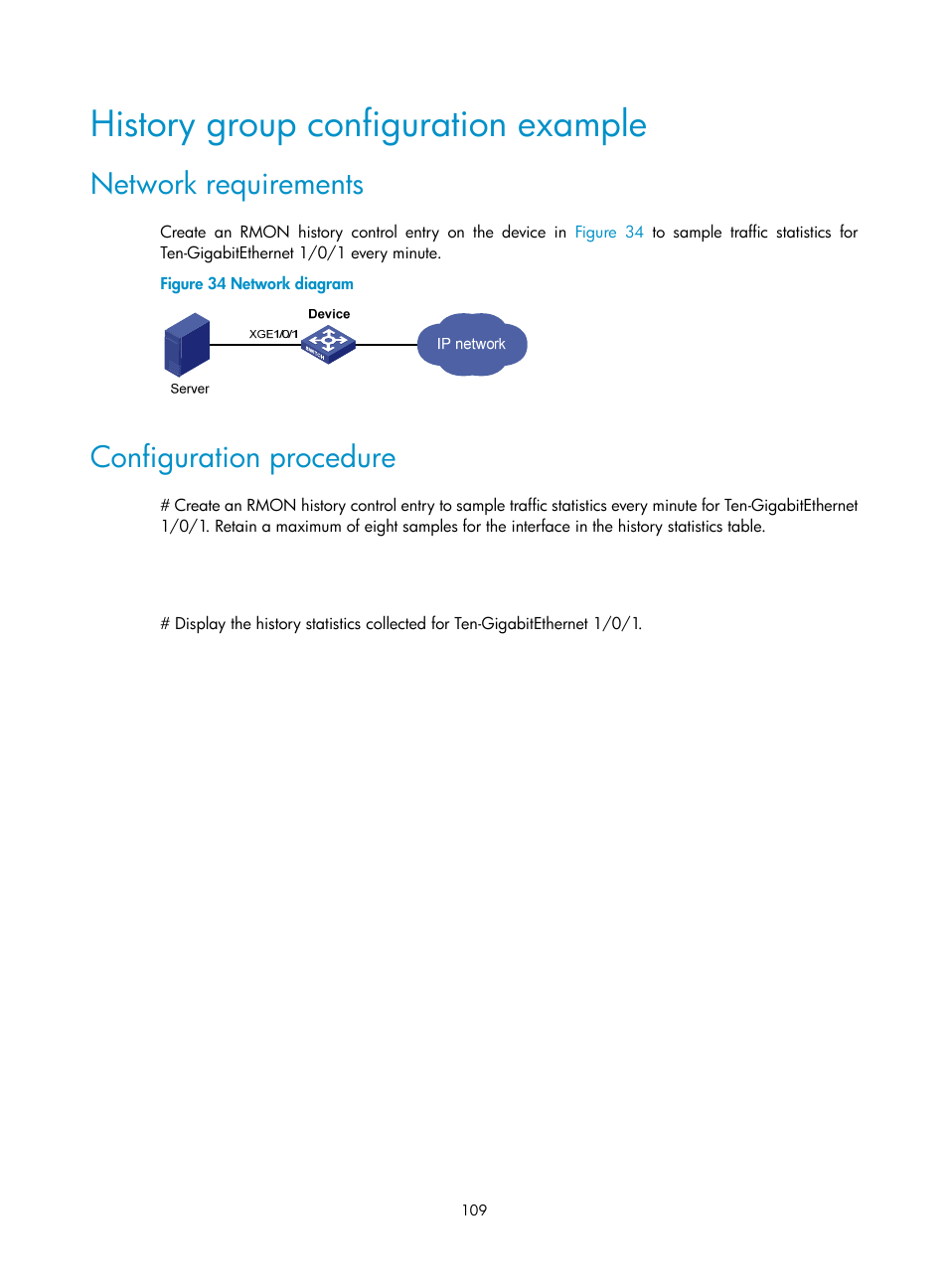 History group configuration example, Network requirements, Configuration procedure | H3C Technologies H3C S6300 Series Switches User Manual | Page 122 / 306