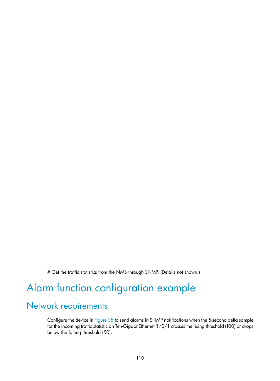 Alarm function configuration example, Network requirements | H3C Technologies H3C S6300 Series Switches User Manual | Page 123 / 306