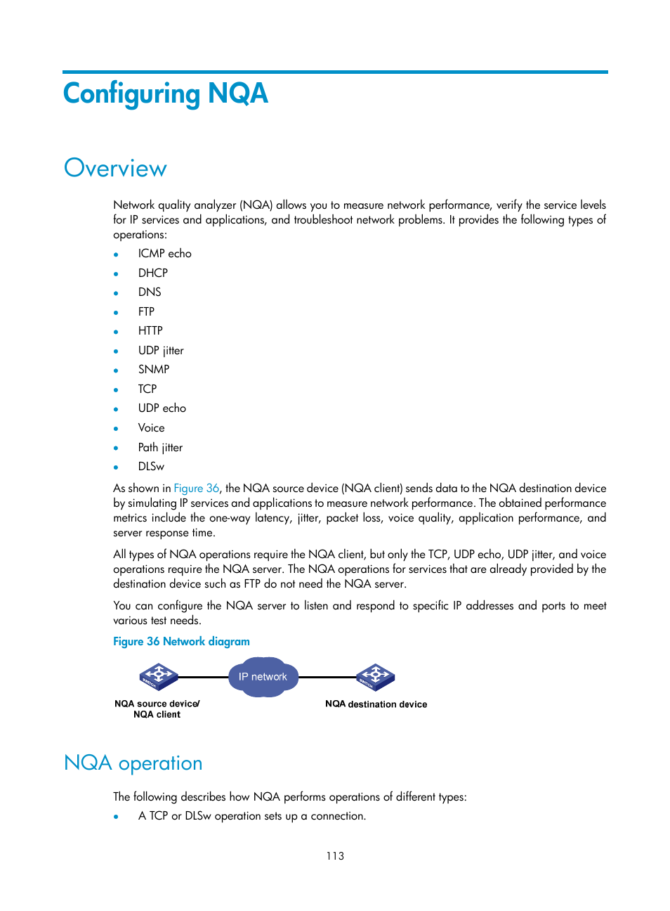 Configuring nqa, Overview, Nqa operation | H3C Technologies H3C S6300 Series Switches User Manual | Page 126 / 306