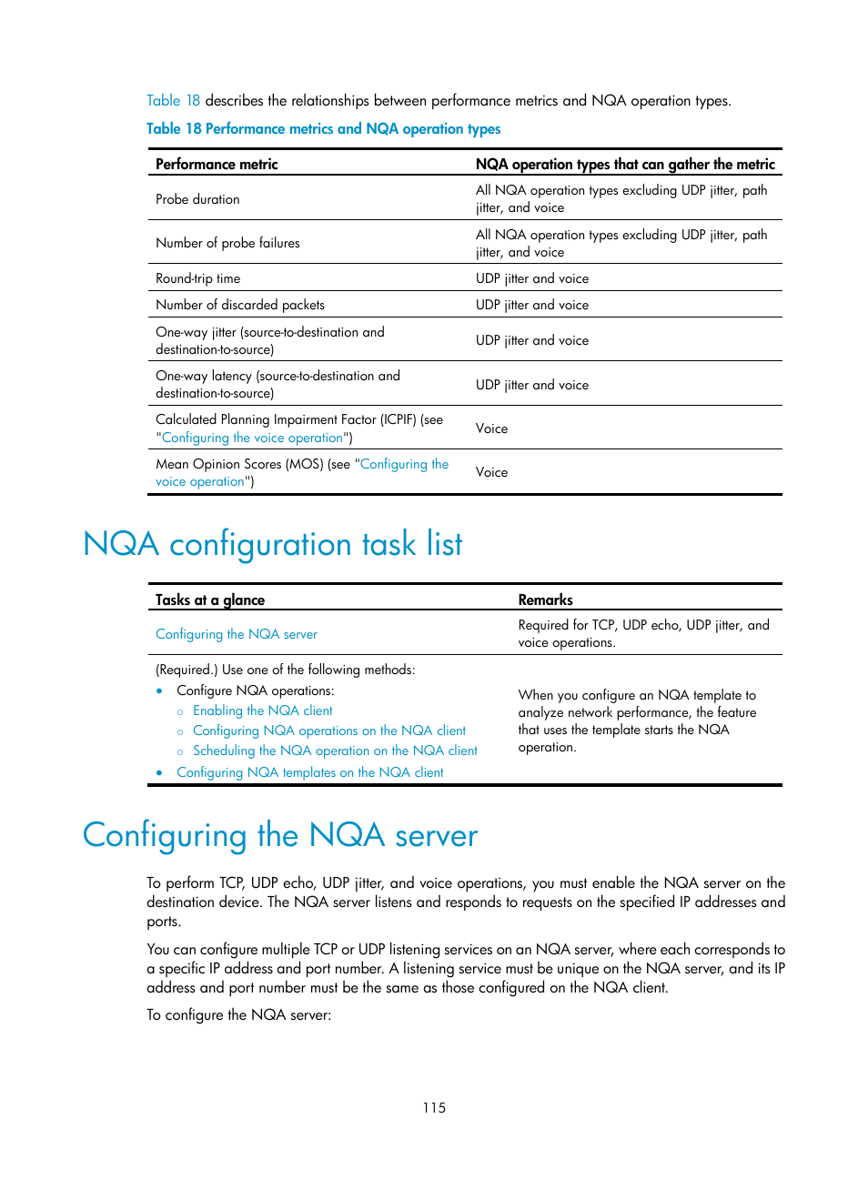 Nqa configuration task list, Configuring the nqa server | H3C Technologies H3C S6300 Series Switches User Manual | Page 128 / 306