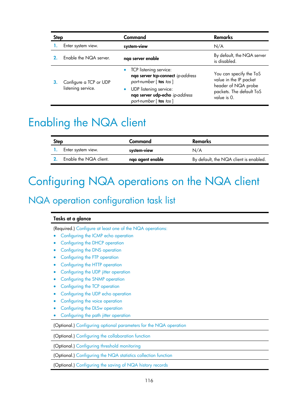 Enabling the nqa client, Configuring nqa operations on the nqa client, Nqa operation configuration task list | H3C Technologies H3C S6300 Series Switches User Manual | Page 129 / 306