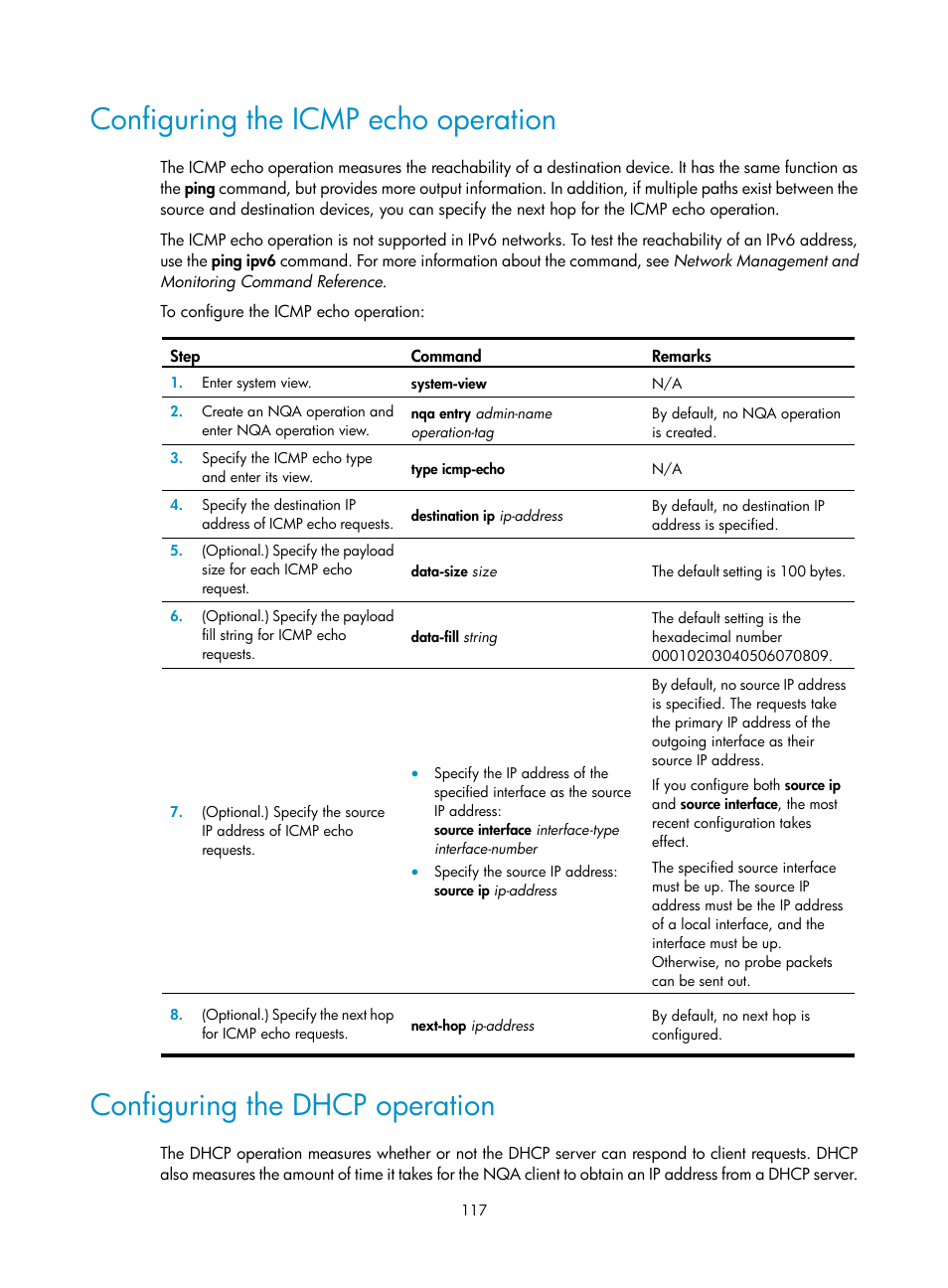 Configuring the icmp echo operation, Configuring the dhcp operation | H3C Technologies H3C S6300 Series Switches User Manual | Page 130 / 306