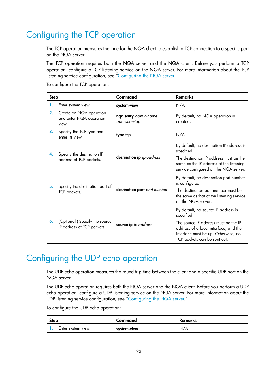 Configuring the tcp operation, Configuring the udp echo operation | H3C Technologies H3C S6300 Series Switches User Manual | Page 136 / 306