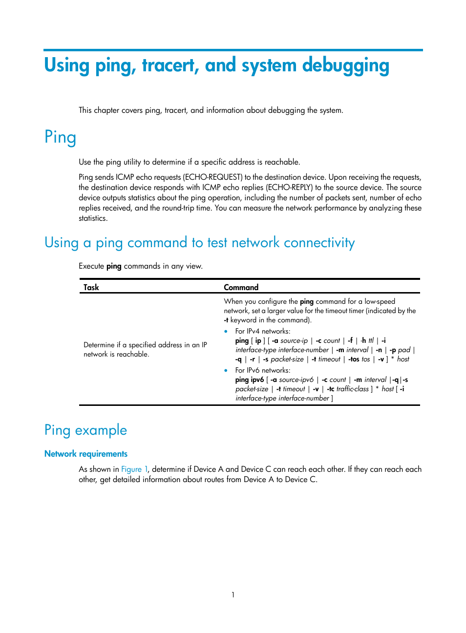 Using ping, tracert, and system debugging, Ping, Using a ping command to test network connectivity | Ping example, Network requirements | H3C Technologies H3C S6300 Series Switches User Manual | Page 14 / 306