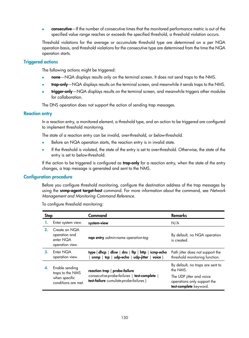 Triggered actions, Reaction entry, Configuration procedure | H3C Technologies H3C S6300 Series Switches User Manual | Page 143 / 306