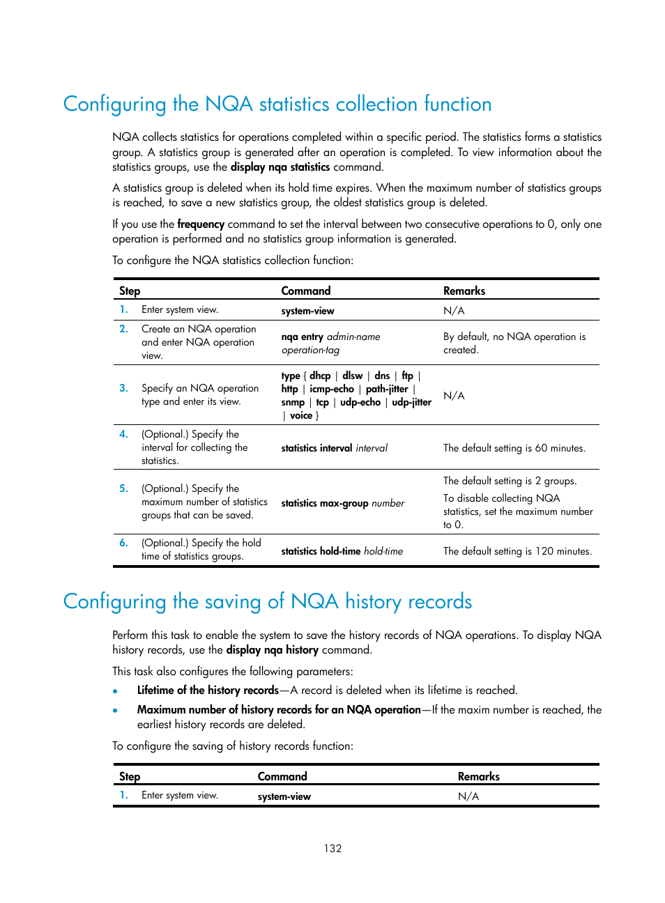 Configuring the nqa statistics collection function, Configuring the saving of nqa history records | H3C Technologies H3C S6300 Series Switches User Manual | Page 145 / 306