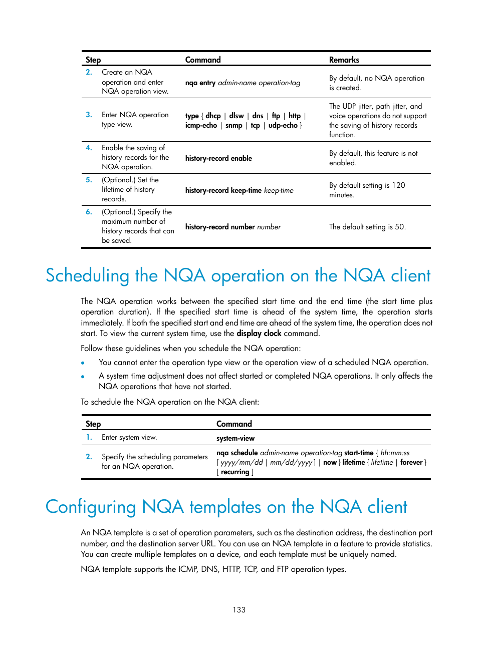 Scheduling the nqa operation on the nqa client, Configuring nqa templates on the nqa client | H3C Technologies H3C S6300 Series Switches User Manual | Page 146 / 306