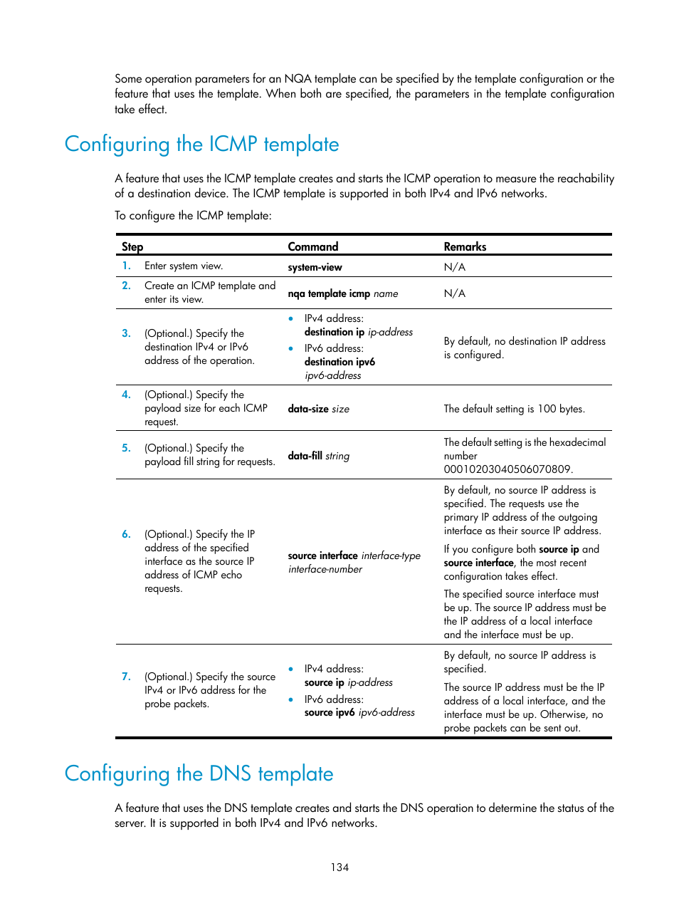 Configuring the icmp template, Configuring the dns template | H3C Technologies H3C S6300 Series Switches User Manual | Page 147 / 306