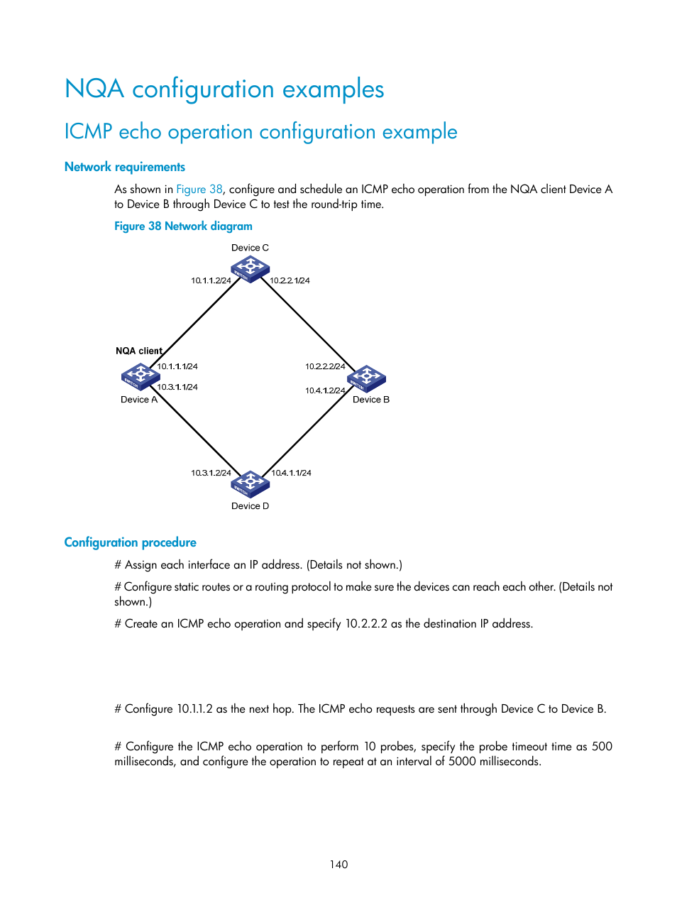 Nqa configuration examples, Icmp echo operation configuration example, Network requirements | Configuration procedure | H3C Technologies H3C S6300 Series Switches User Manual | Page 153 / 306