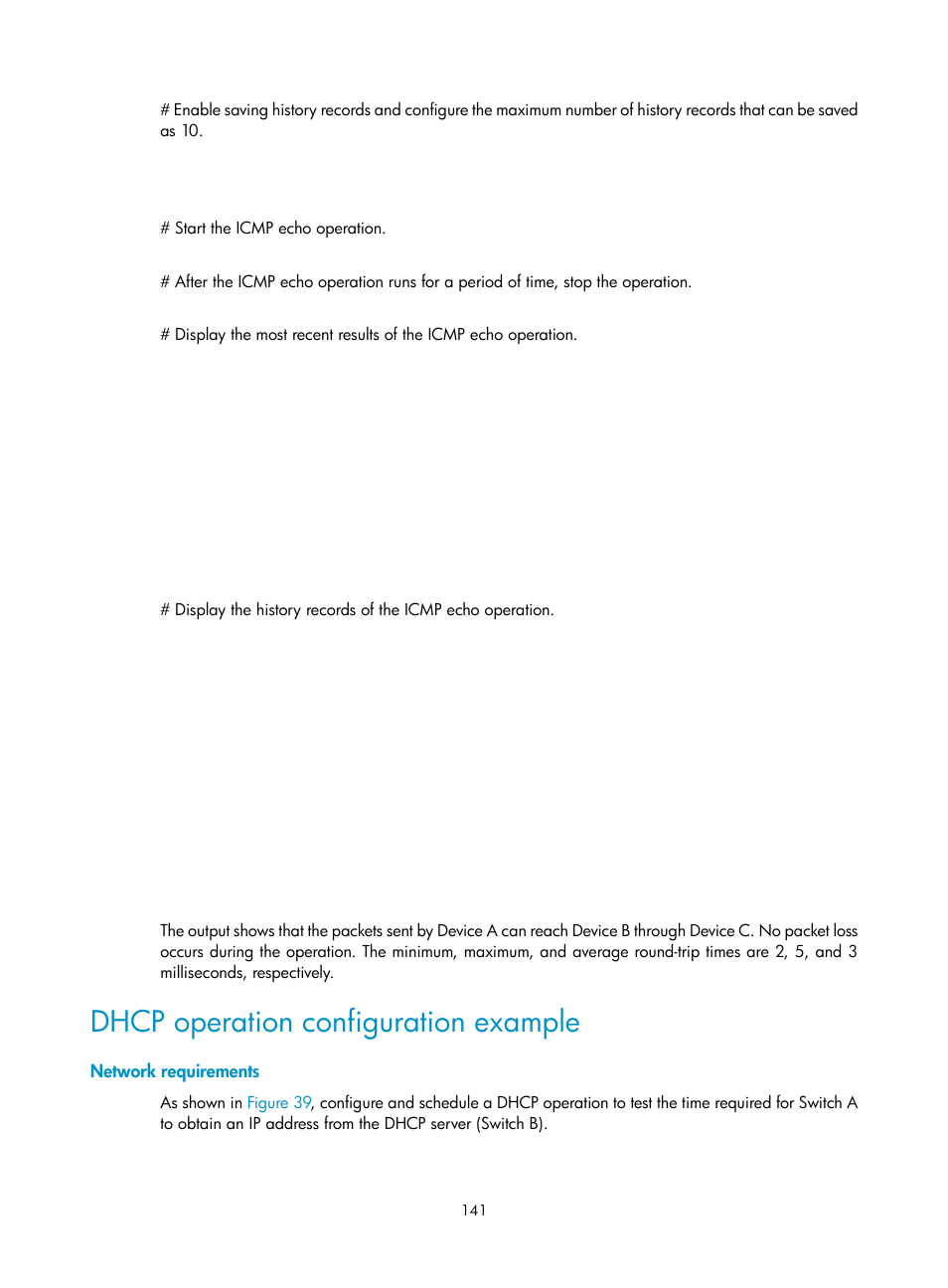 Dhcp operation configuration example, Network requirements | H3C Technologies H3C S6300 Series Switches User Manual | Page 154 / 306