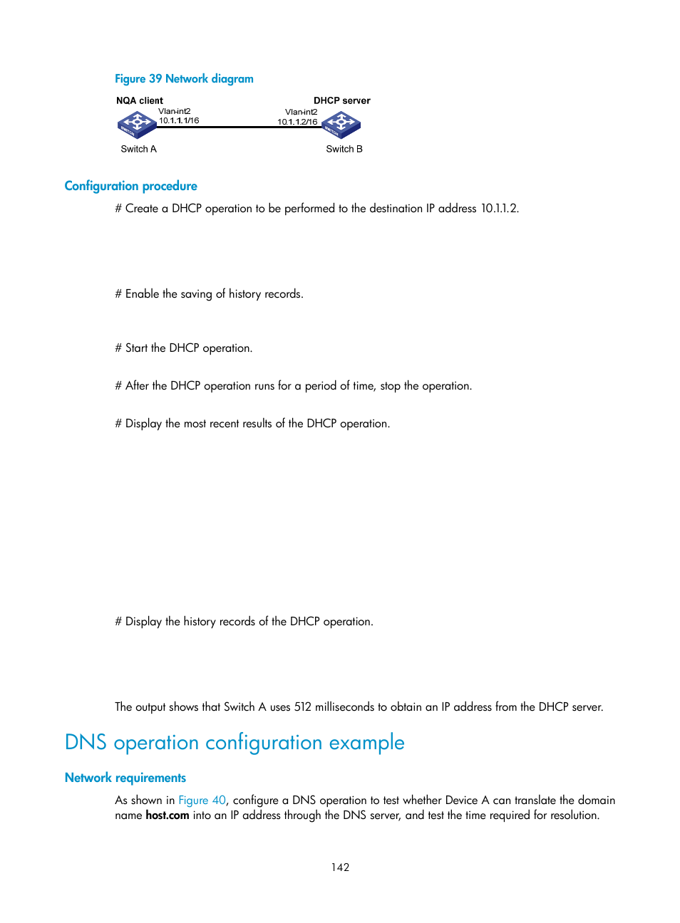 Configuration procedure, Dns operation configuration example, Network requirements | H3C Technologies H3C S6300 Series Switches User Manual | Page 155 / 306