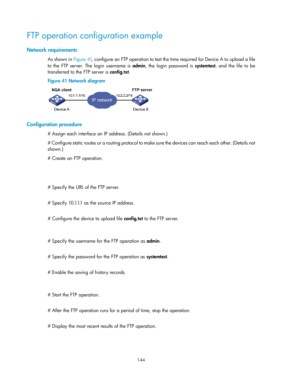 Ftp operation configuration example, Network requirements, Configuration procedure | H3C Technologies H3C S6300 Series Switches User Manual | Page 157 / 306