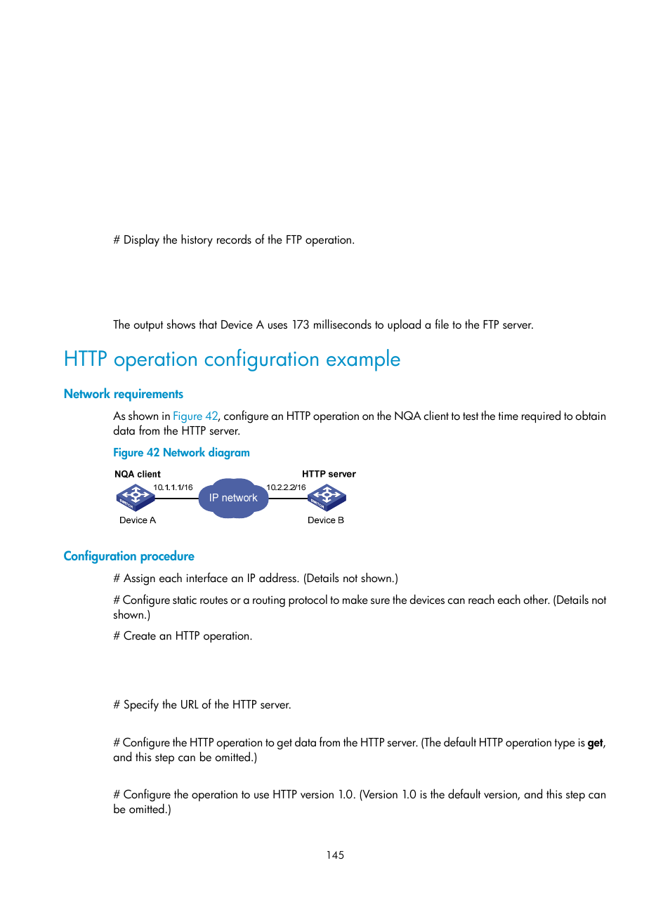 Http operation configuration example, Network requirements, Configuration procedure | H3C Technologies H3C S6300 Series Switches User Manual | Page 158 / 306