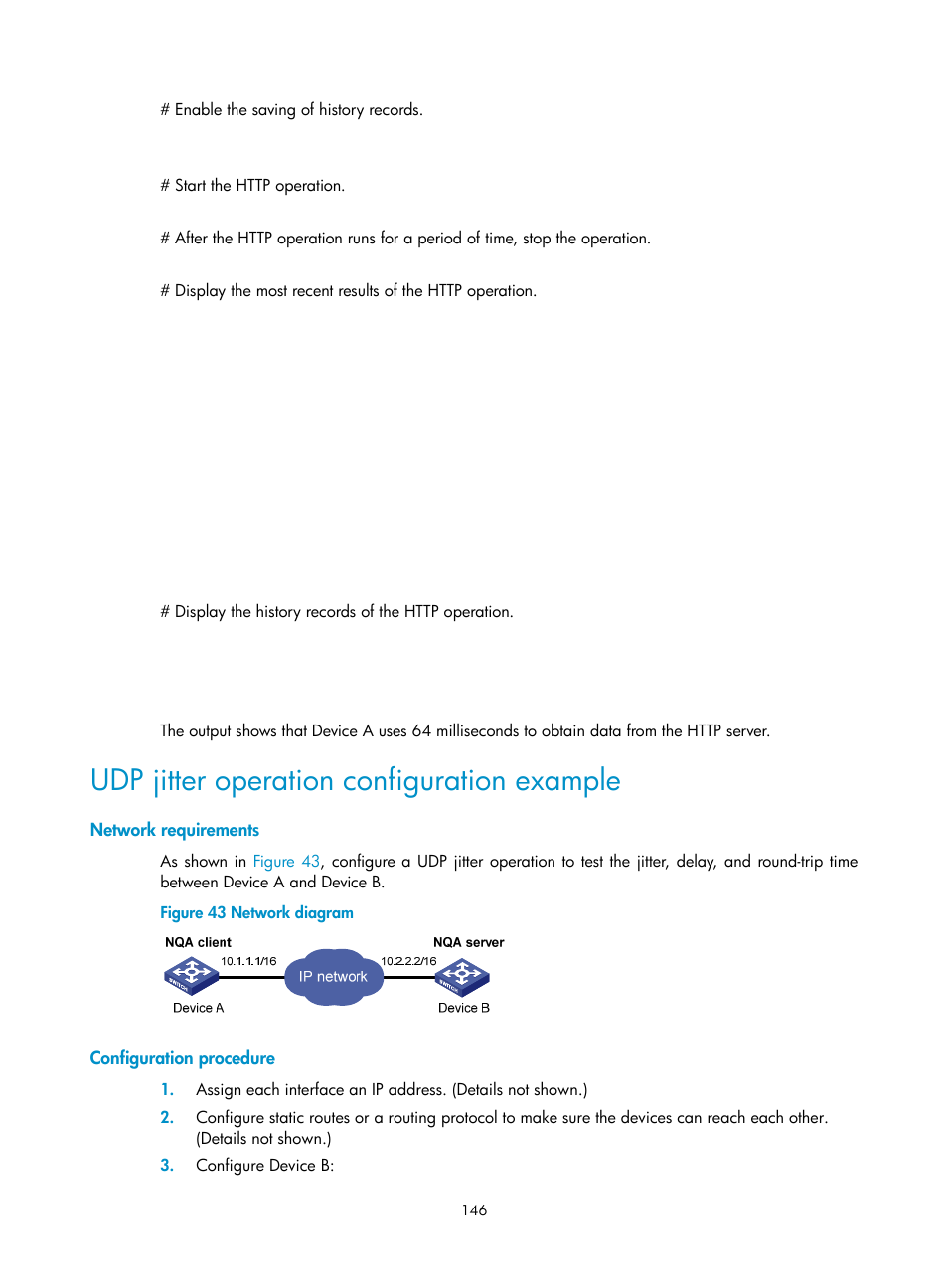 Udp jitter operation configuration example, Network requirements, Configuration procedure | H3C Technologies H3C S6300 Series Switches User Manual | Page 159 / 306