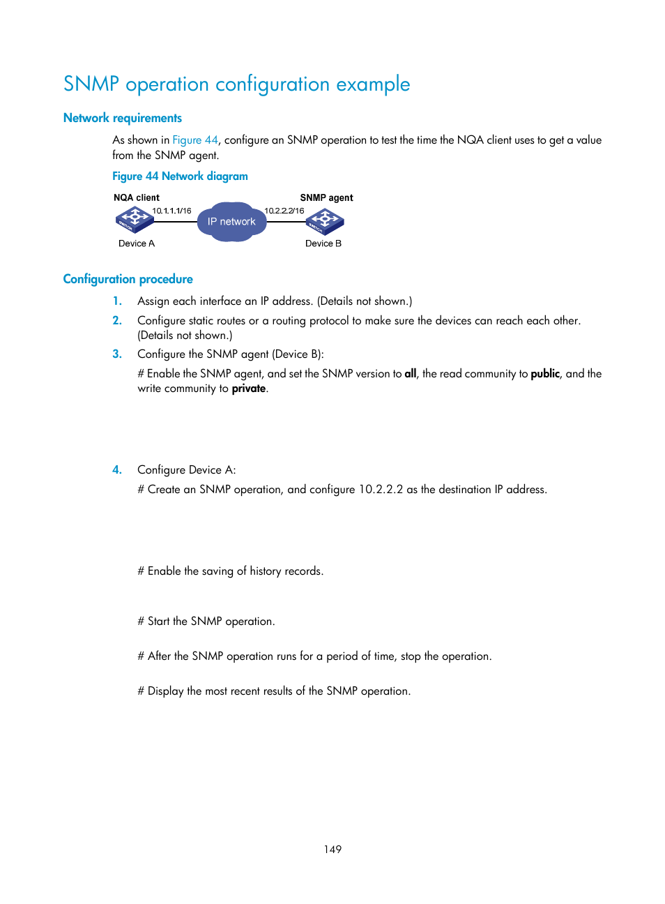 Snmp operation configuration example, Network requirements, Configuration procedure | H3C Technologies H3C S6300 Series Switches User Manual | Page 162 / 306