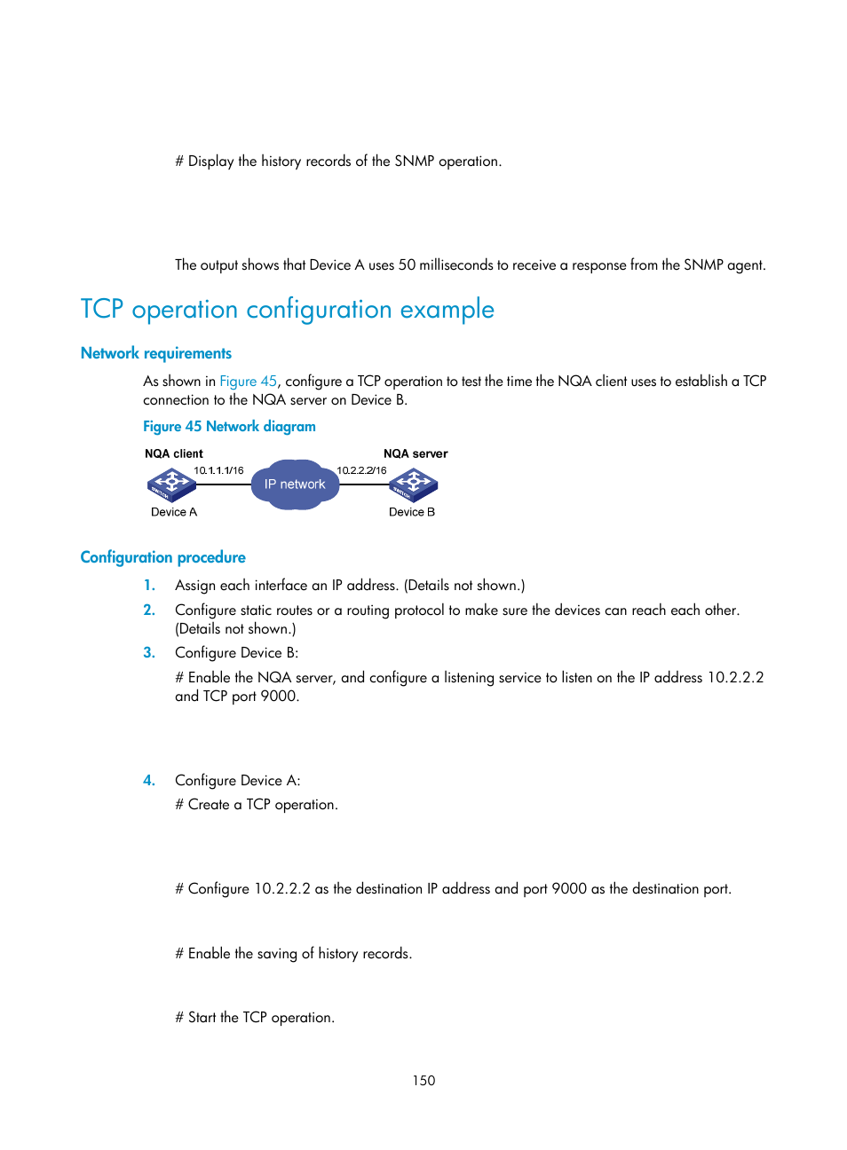 Tcp operation configuration example, Network requirements, Configuration procedure | H3C Technologies H3C S6300 Series Switches User Manual | Page 163 / 306