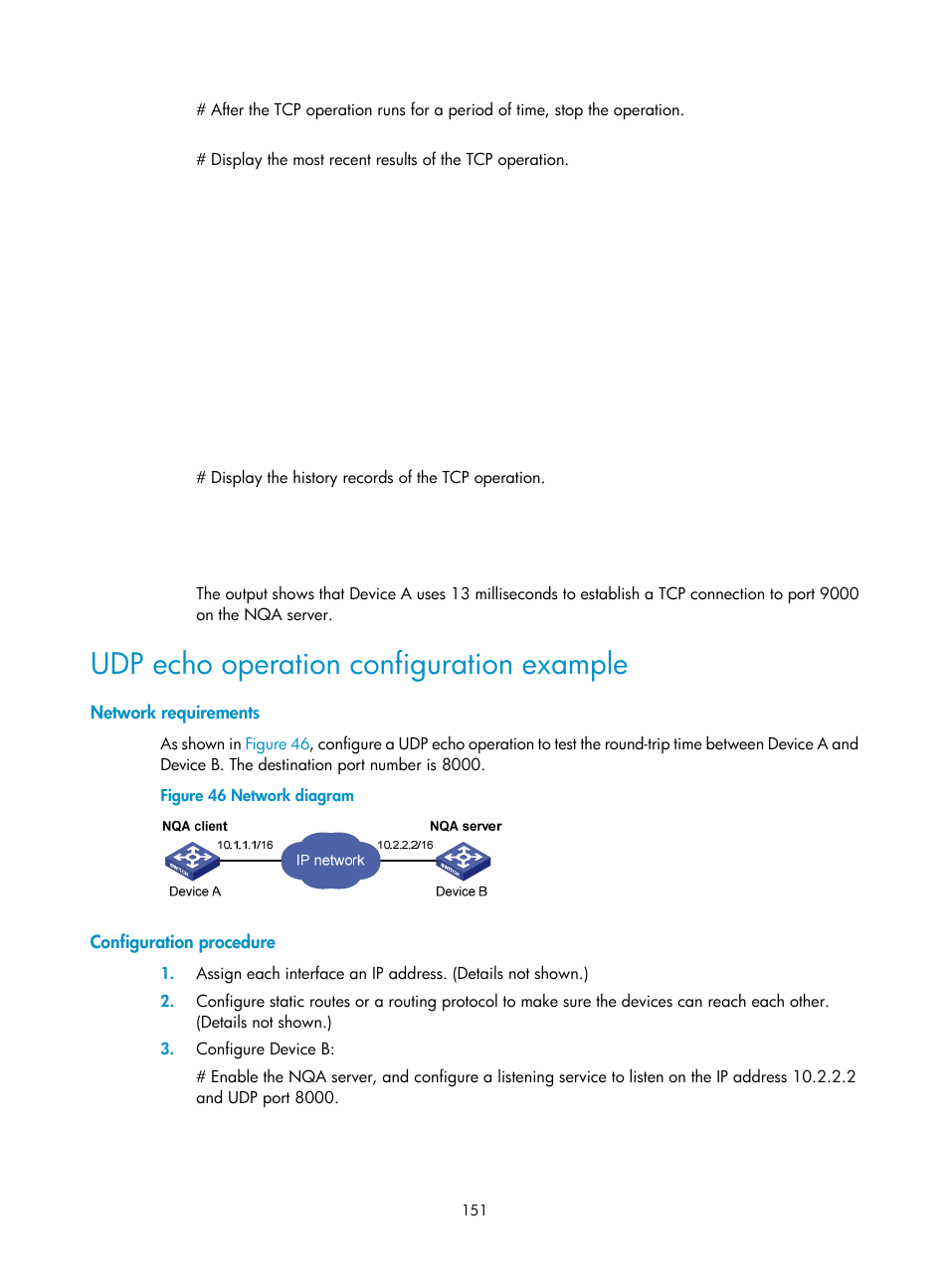 Udp echo operation configuration example, Network requirements, Configuration procedure | H3C Technologies H3C S6300 Series Switches User Manual | Page 164 / 306