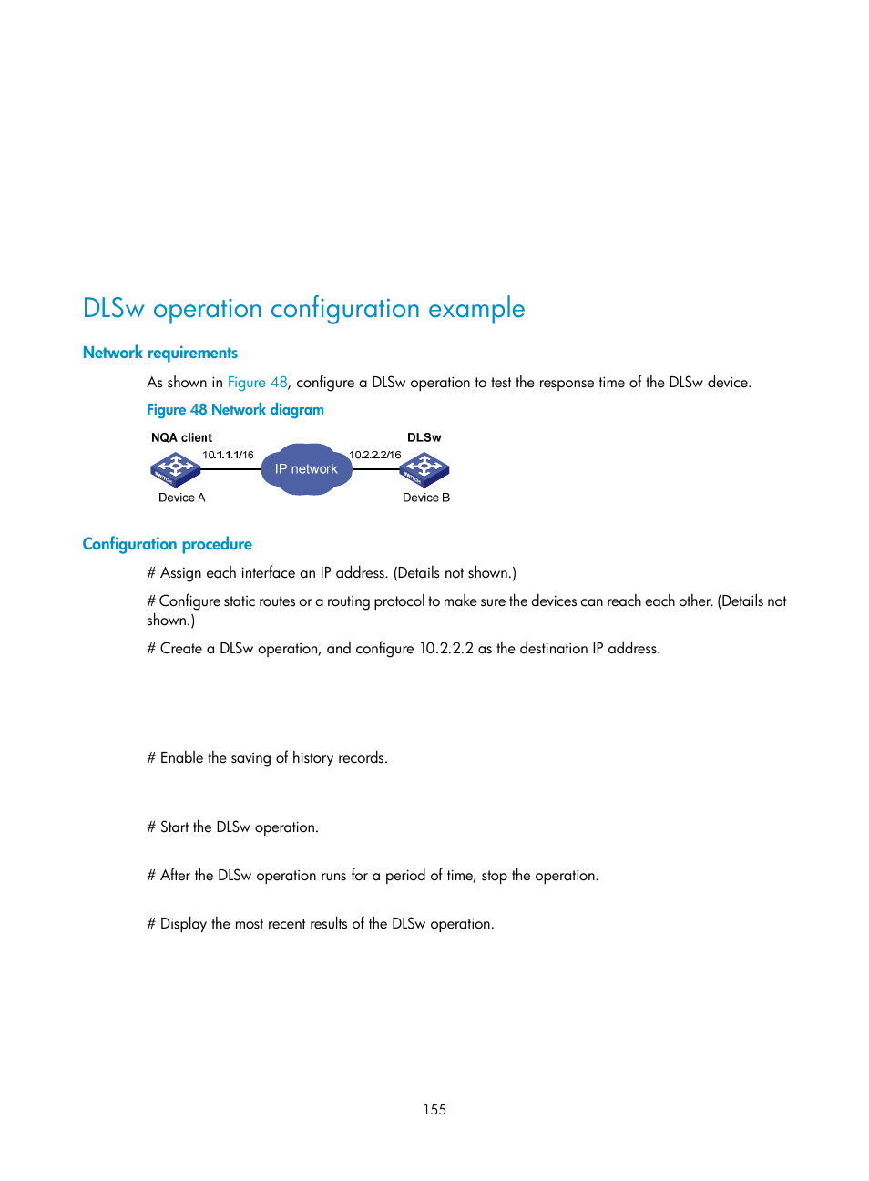 Dlsw operation configuration example, Network requirements, Configuration procedure | H3C Technologies H3C S6300 Series Switches User Manual | Page 168 / 306