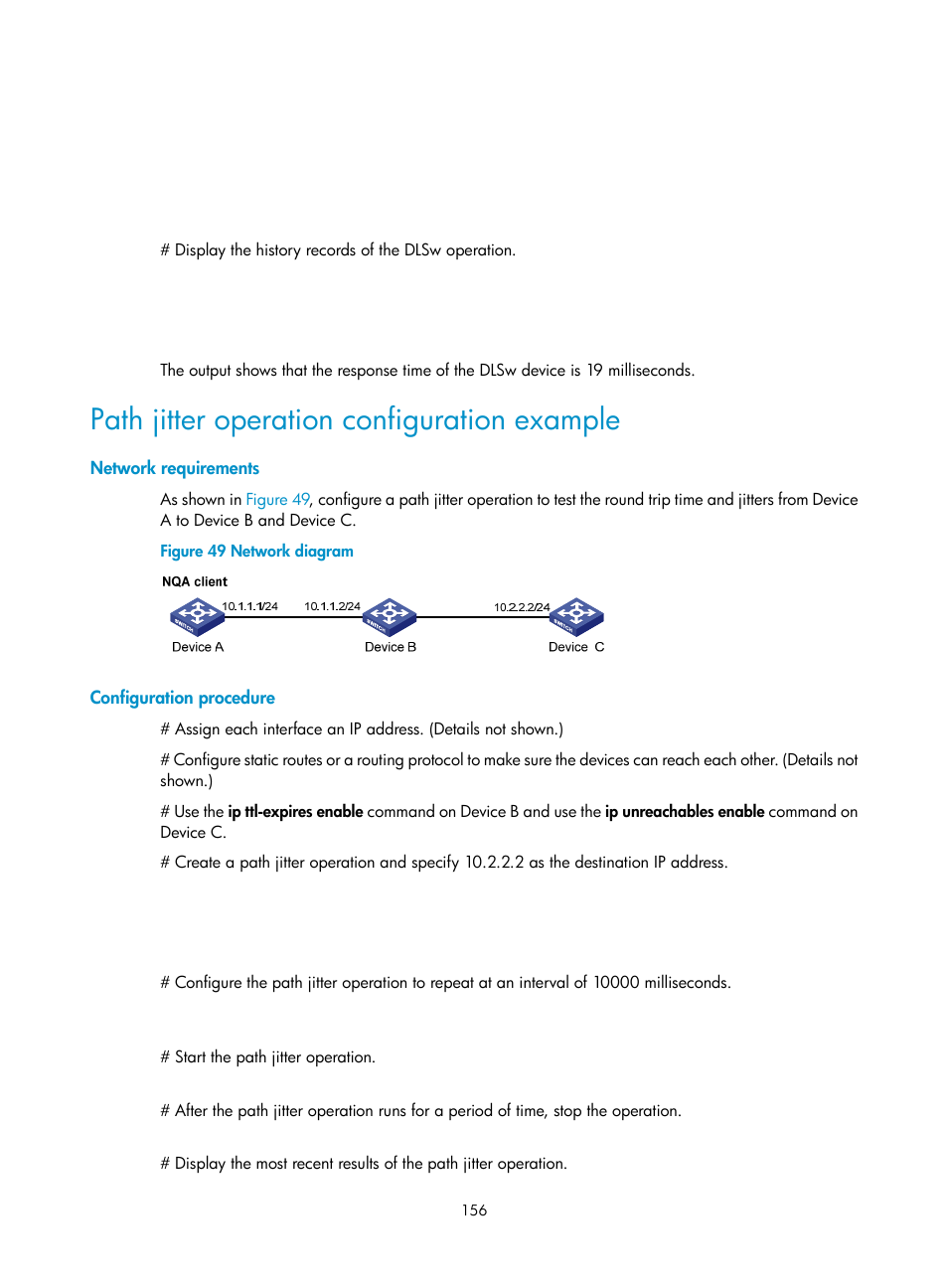 Path jitter operation configuration example, Network requirements, Configuration procedure | H3C Technologies H3C S6300 Series Switches User Manual | Page 169 / 306