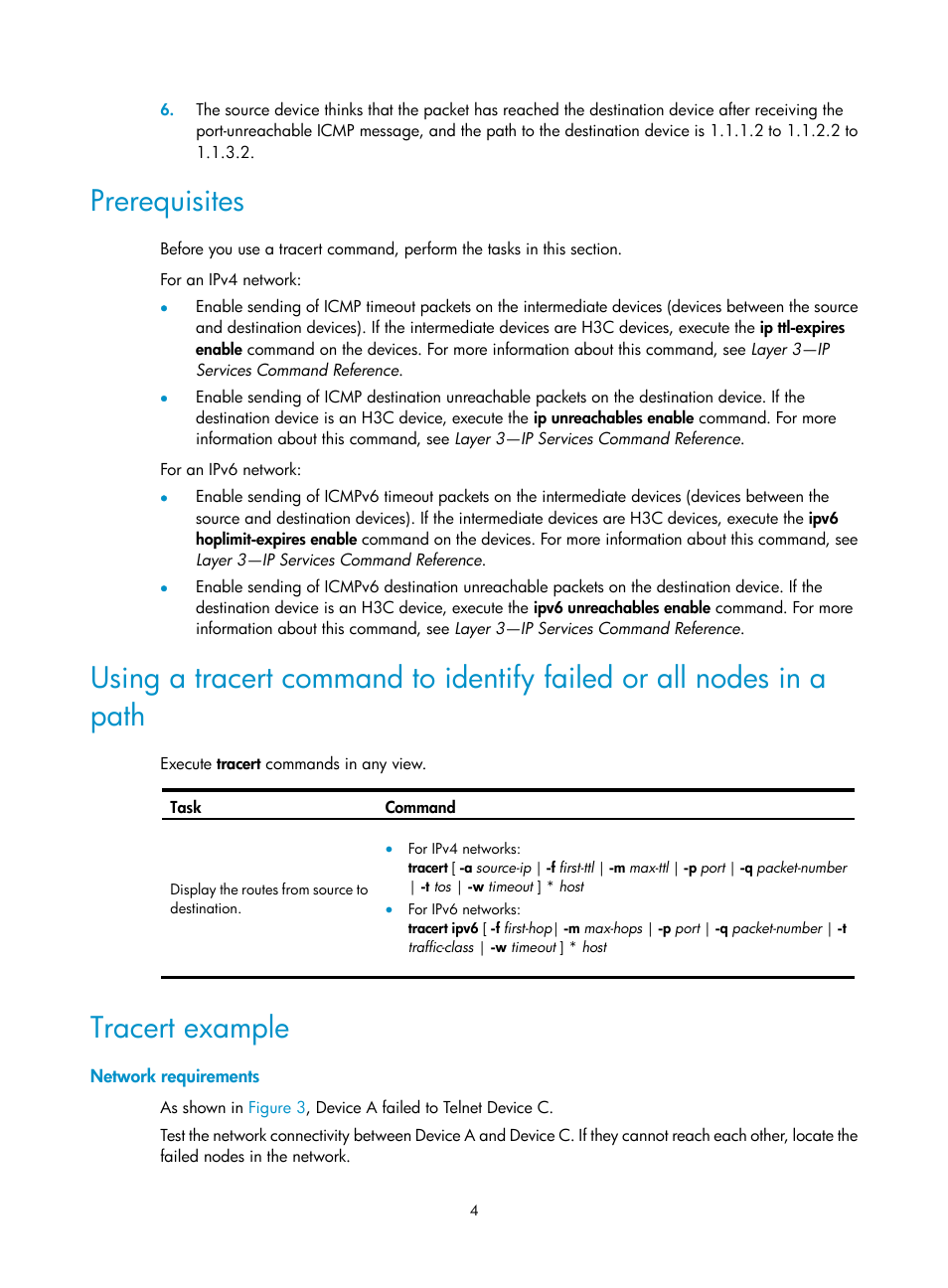 Prerequisites, Tracert example, Network requirements | H3C Technologies H3C S6300 Series Switches User Manual | Page 17 / 306