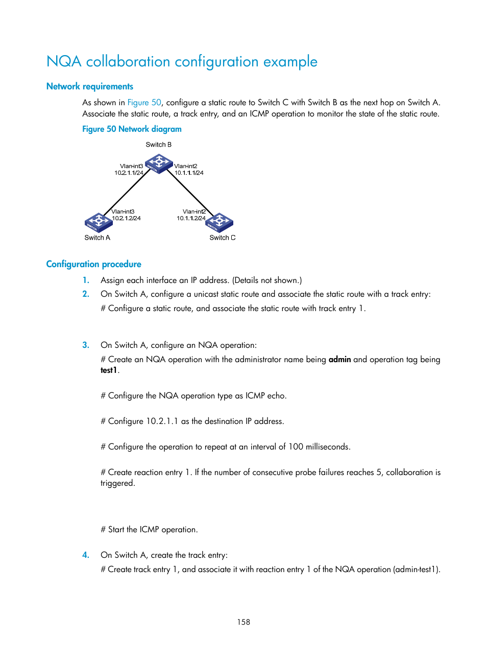 Nqa collaboration configuration example, Network requirements, Configuration procedure | H3C Technologies H3C S6300 Series Switches User Manual | Page 171 / 306