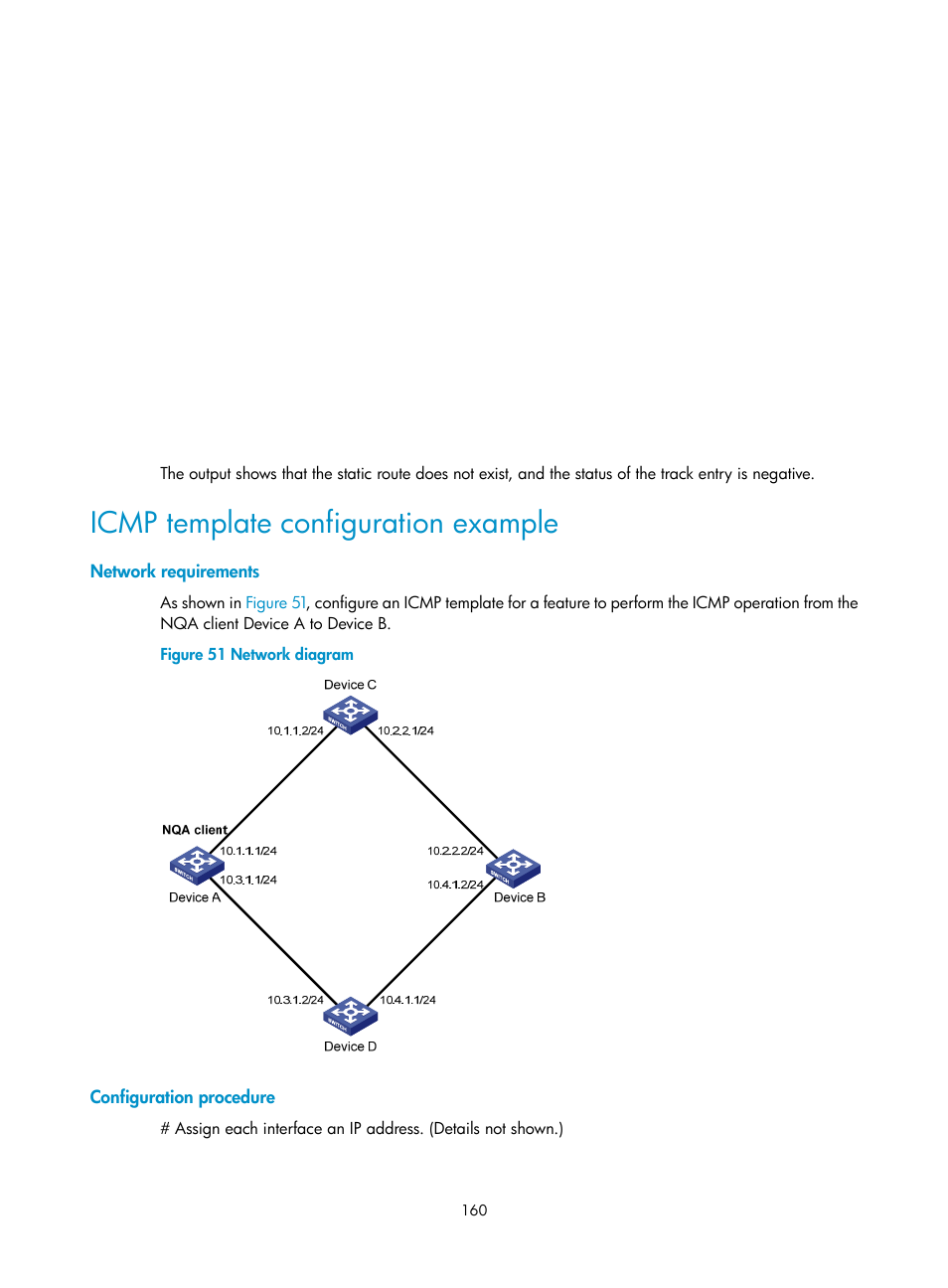 Icmp template configuration example, Network requirements, Configuration procedure | H3C Technologies H3C S6300 Series Switches User Manual | Page 173 / 306