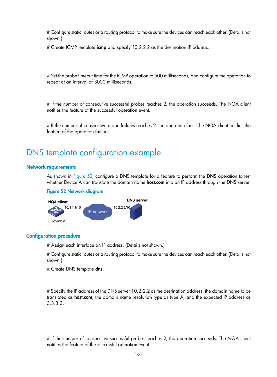 Dns template configuration example, Network requirements, Configuration procedure | H3C Technologies H3C S6300 Series Switches User Manual | Page 174 / 306