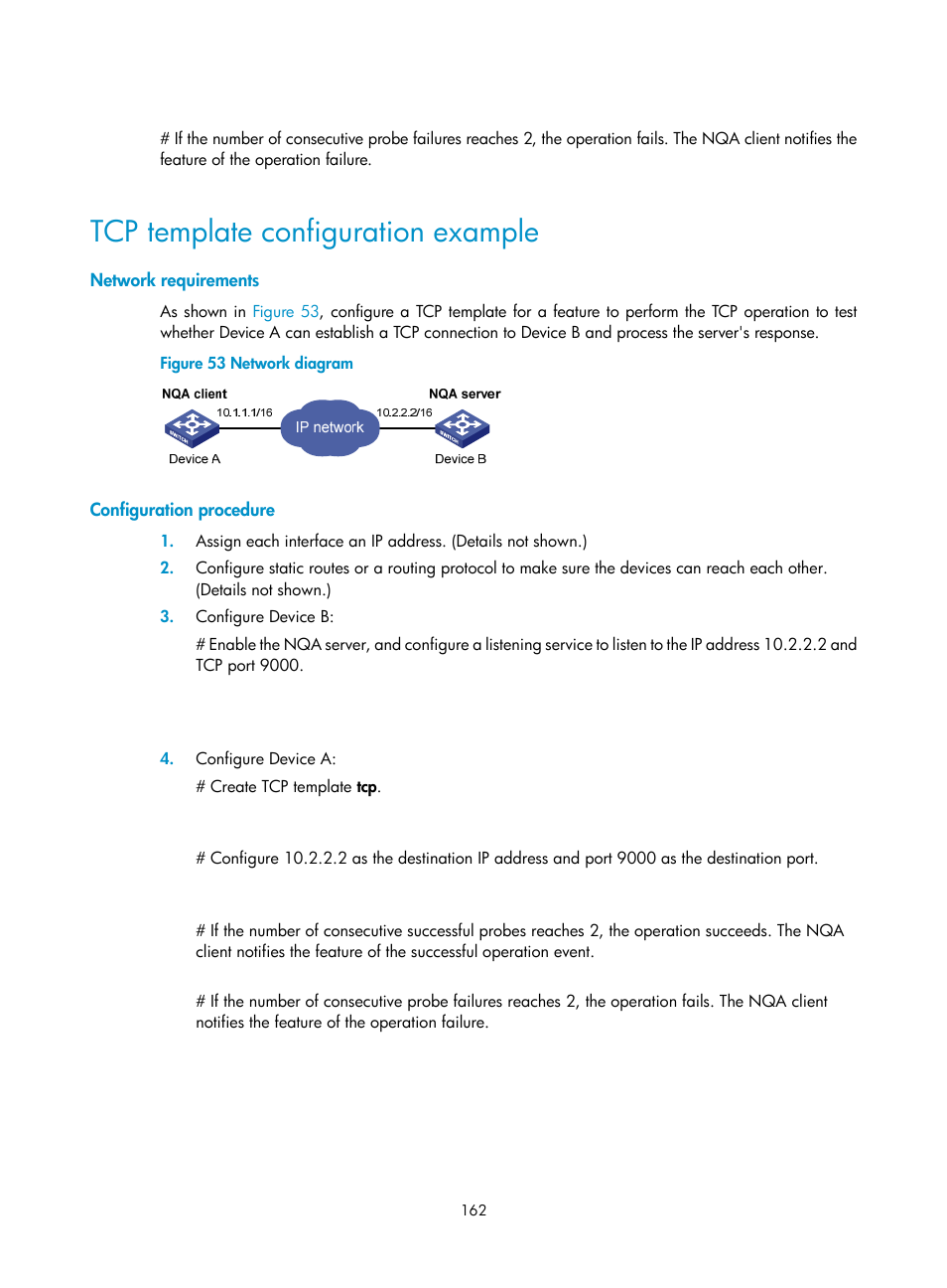 Tcp template configuration example, Network requirements, Configuration procedure | H3C Technologies H3C S6300 Series Switches User Manual | Page 175 / 306