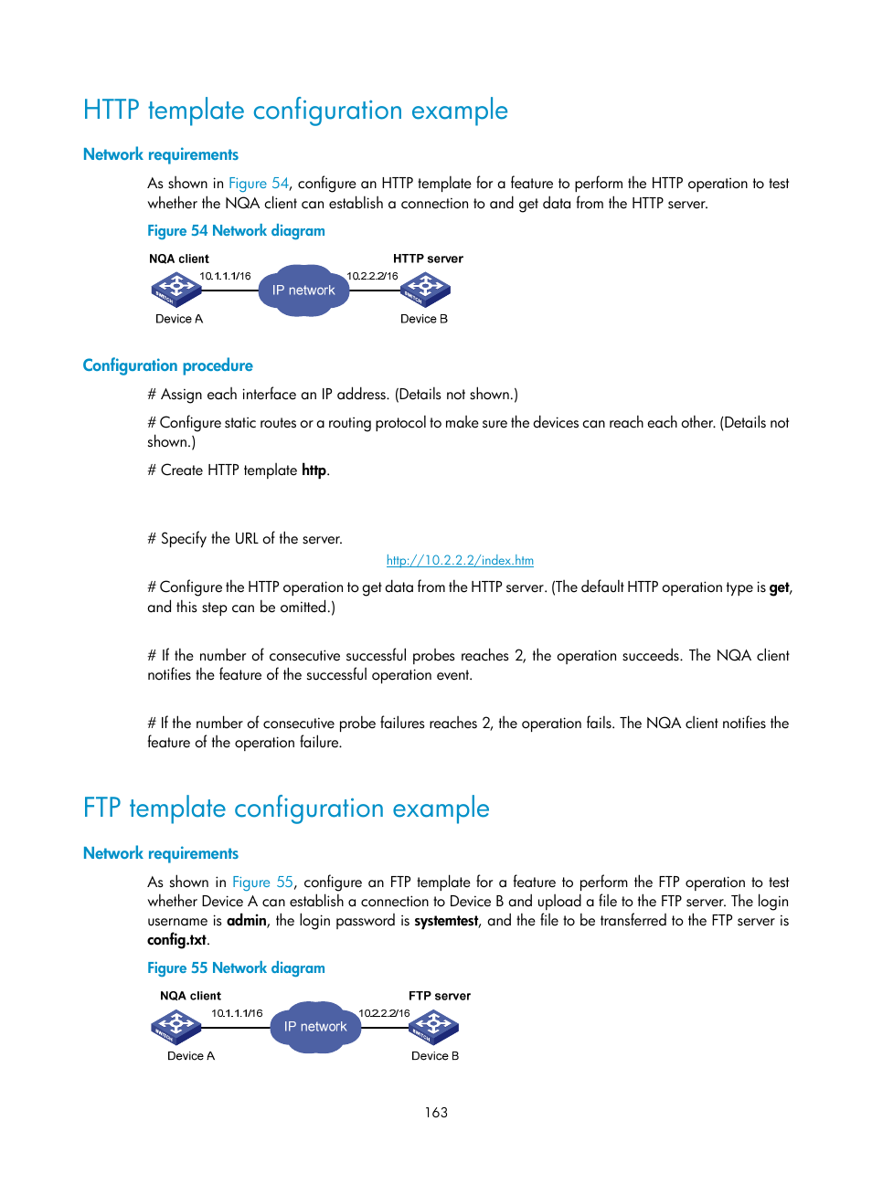 Http template configuration example, Network requirements, Configuration procedure | Ftp template configuration example | H3C Technologies H3C S6300 Series Switches User Manual | Page 176 / 306