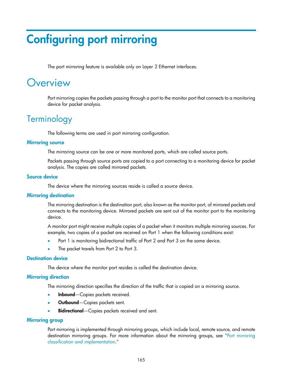 Configuring port mirroring, Overview, Terminology | Mirroring source, Source device, Mirroring destination, Destination device, Mirroring direction, Mirroring group | H3C Technologies H3C S6300 Series Switches User Manual | Page 178 / 306