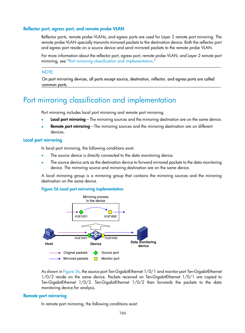 Reflector port, egress port, and remote probe vlan, Port mirroring classification and implementation, Local port mirroring | Remote port mirroring, Port mirroring, Classification and implementation | H3C Technologies H3C S6300 Series Switches User Manual | Page 179 / 306