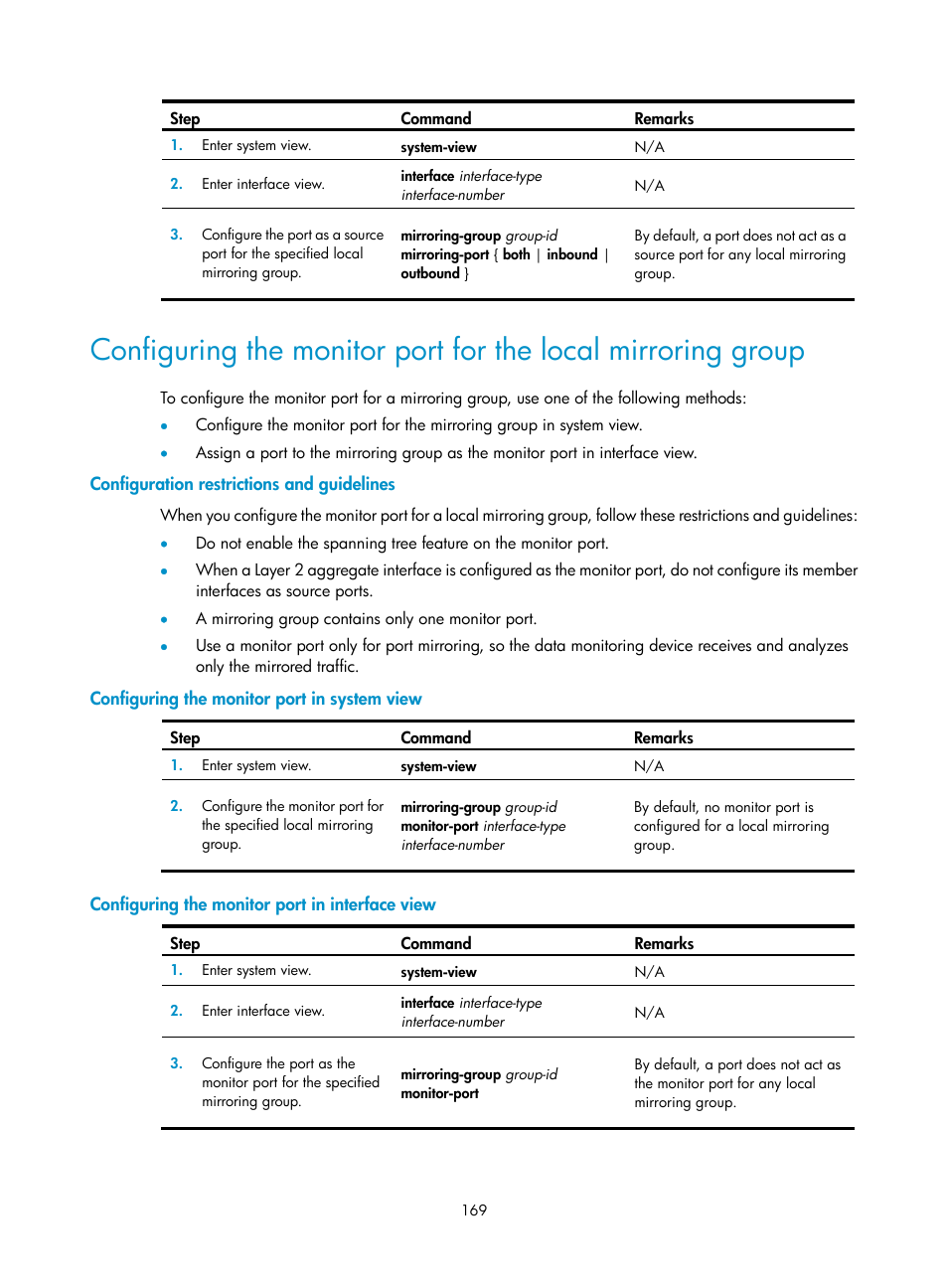 Configuration restrictions and guidelines, Configuring the monitor port in system view, Configuring the monitor port in interface view | H3C Technologies H3C S6300 Series Switches User Manual | Page 182 / 306