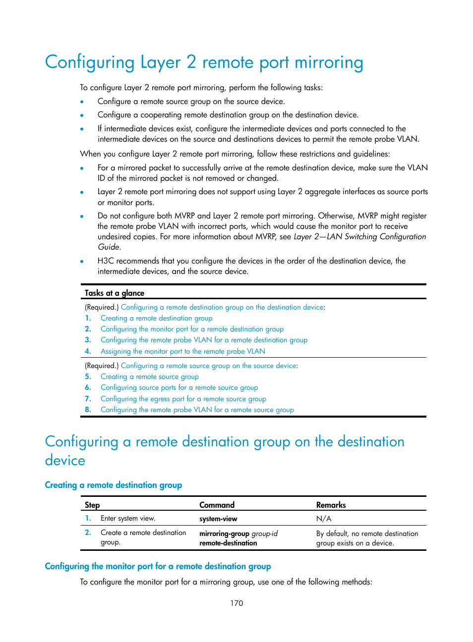 Configuring layer 2 remote port mirroring, Creating a remote destination group | H3C Technologies H3C S6300 Series Switches User Manual | Page 183 / 306