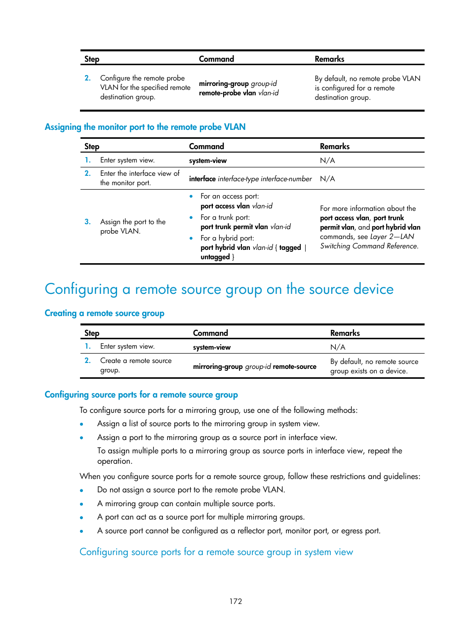 Creating a remote source group, Configuring source ports for a remote source group, Required.) | H3C Technologies H3C S6300 Series Switches User Manual | Page 185 / 306