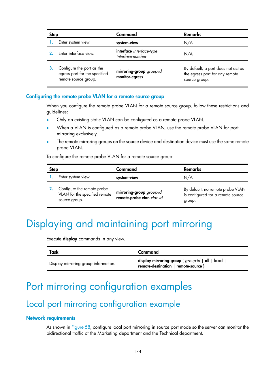 Displaying and maintaining port mirroring, Port mirroring configuration examples, Local port mirroring configuration example | Network requirements | H3C Technologies H3C S6300 Series Switches User Manual | Page 187 / 306