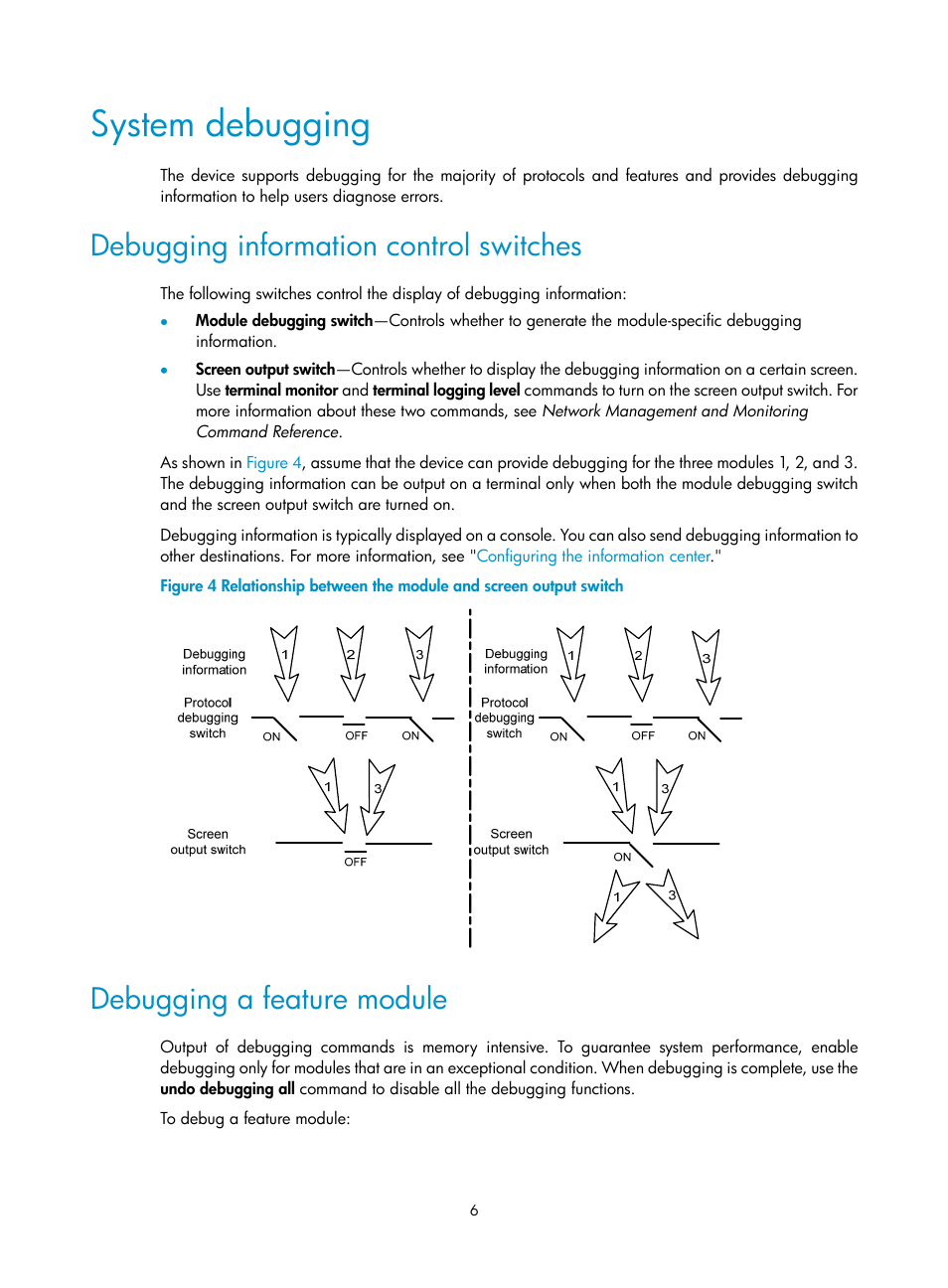 System debugging, Debugging information control switches, Debugging a feature module | H3C Technologies H3C S6300 Series Switches User Manual | Page 19 / 306