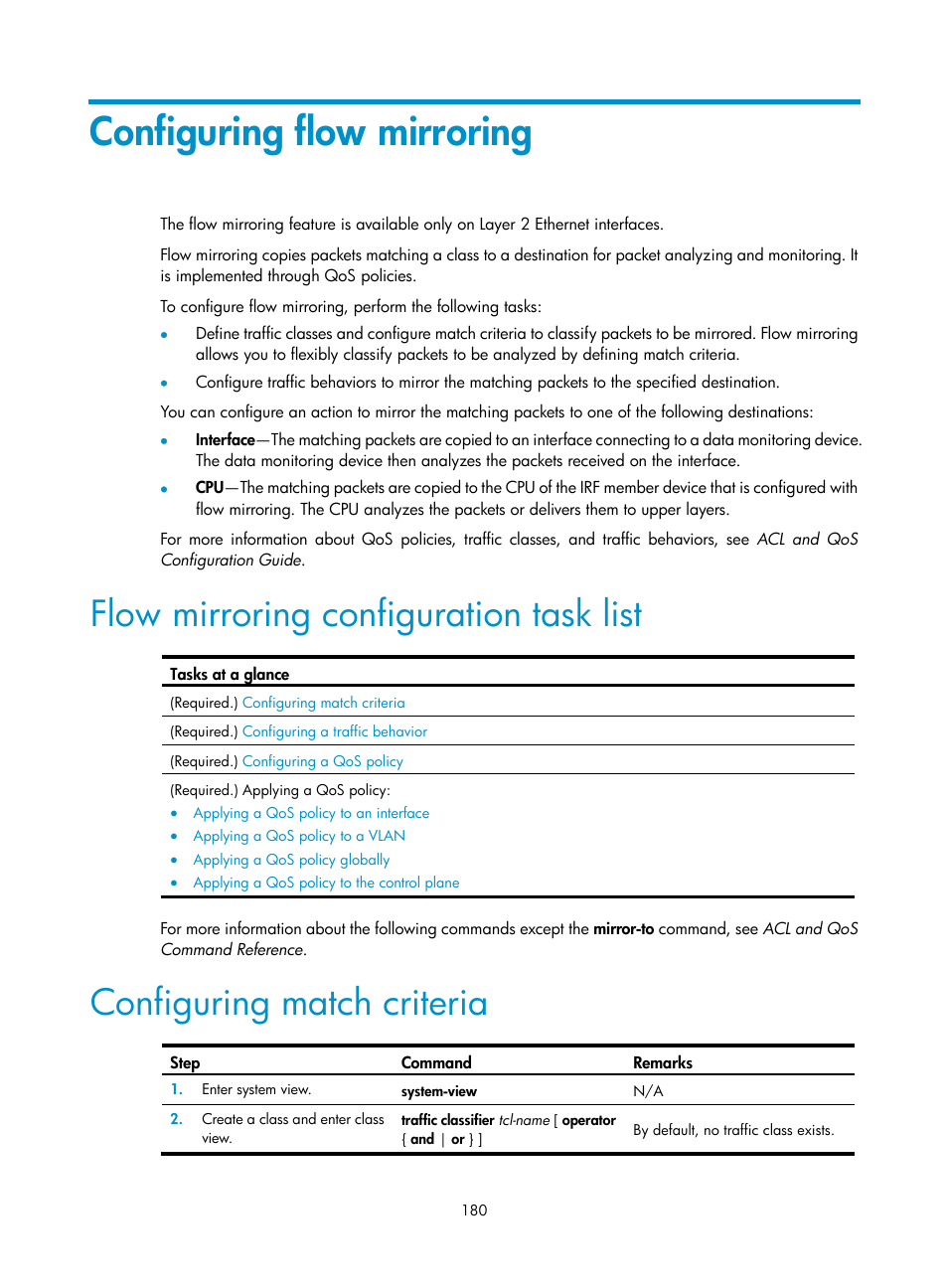 Configuring flow mirroring, Flow mirroring configuration task list, Configuring match criteria | H3C Technologies H3C S6300 Series Switches User Manual | Page 193 / 306