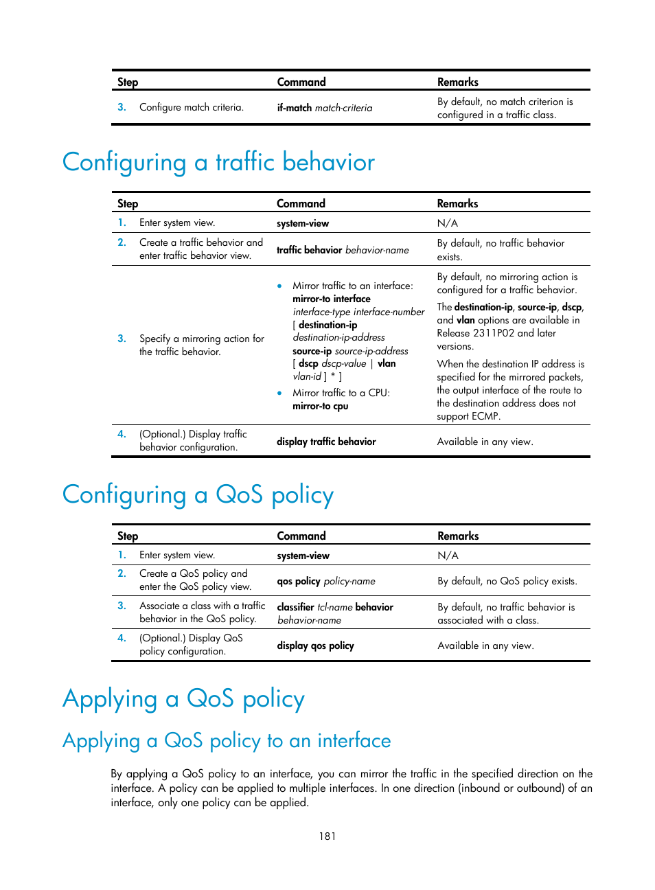 Configuring a traffic behavior, Configuring a qos policy, Applying a qos policy | Applying a qos policy to an interface, Required.) | H3C Technologies H3C S6300 Series Switches User Manual | Page 194 / 306