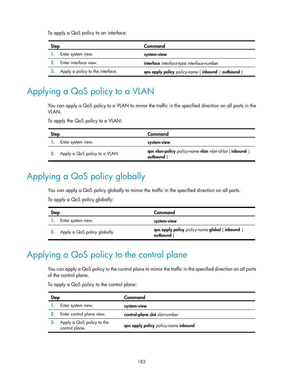 Applying a qos policy to a vlan, Applying a qos policy globally, Applying a qos policy to the control plane | H3C Technologies H3C S6300 Series Switches User Manual | Page 195 / 306