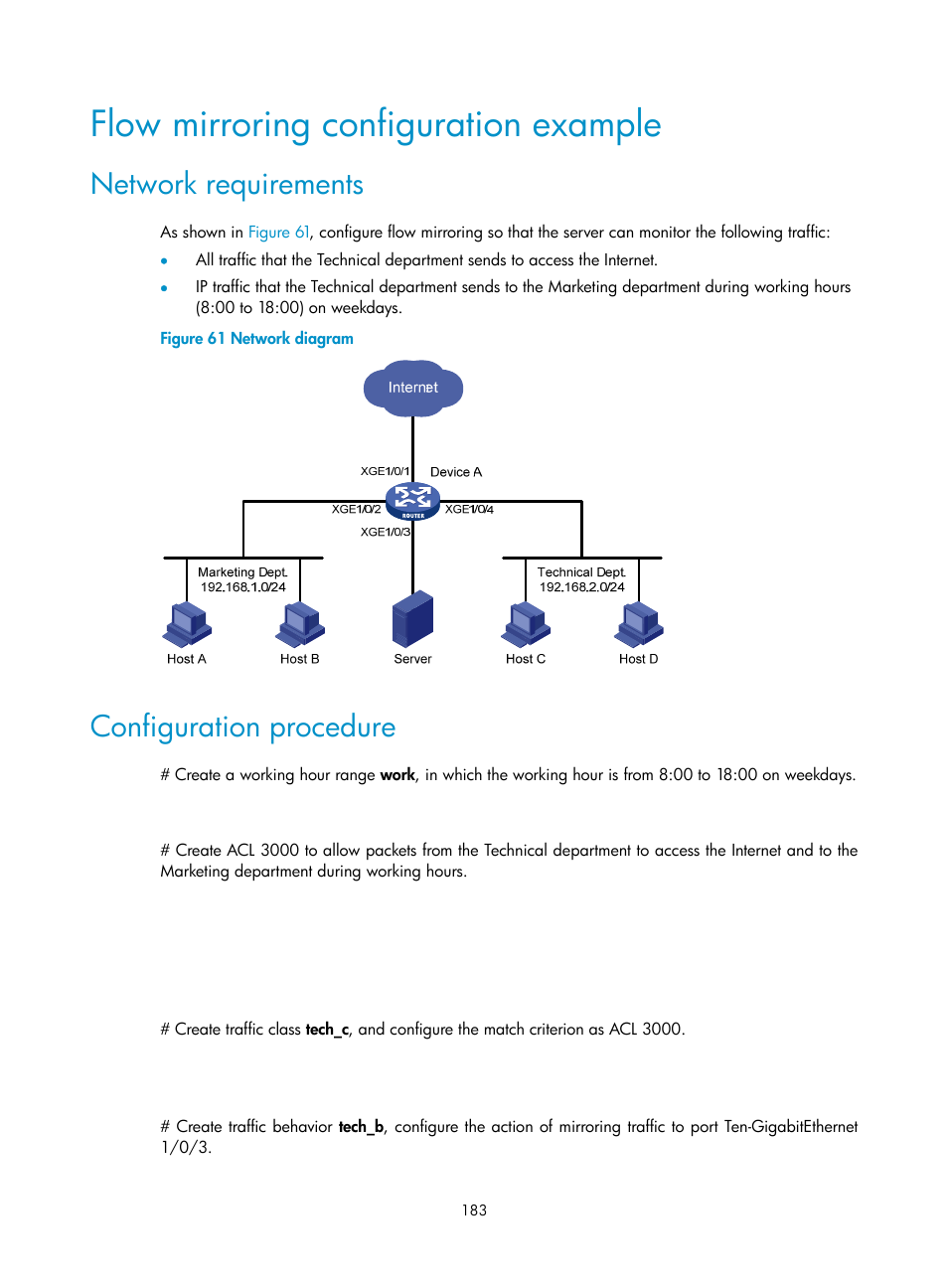 Flow mirroring configuration example, Network requirements, Configuration procedure | H3C Technologies H3C S6300 Series Switches User Manual | Page 196 / 306