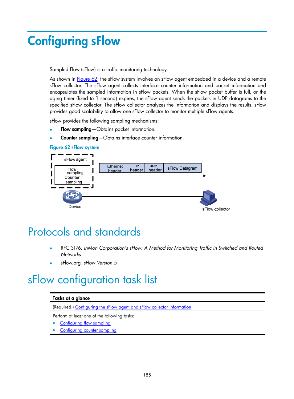 Configuring sflow, Protocols and standards, Sflow configuration task list | H3C Technologies H3C S6300 Series Switches User Manual | Page 198 / 306