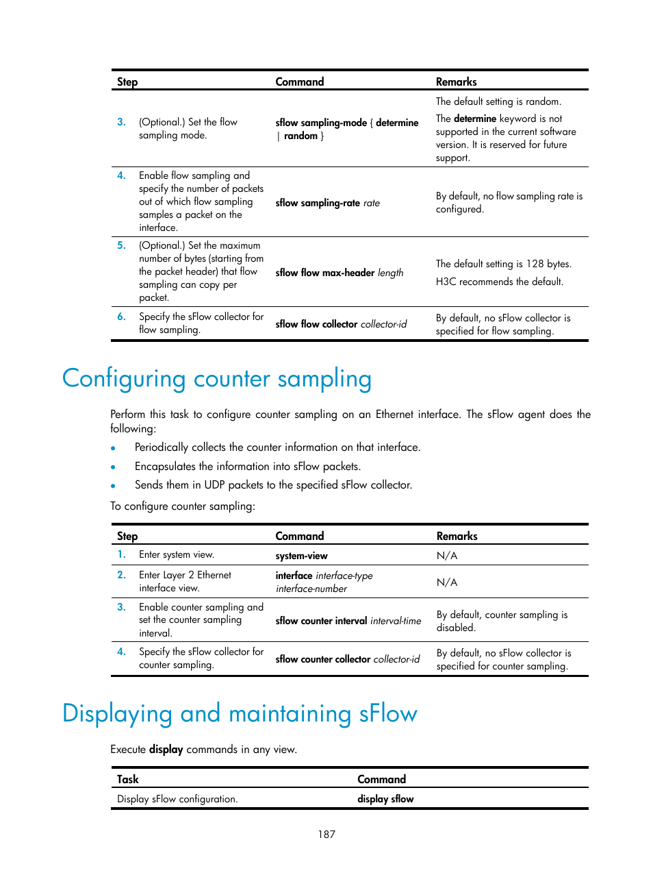 Configuring counter sampling, Displaying and maintaining sflow | H3C Technologies H3C S6300 Series Switches User Manual | Page 200 / 306